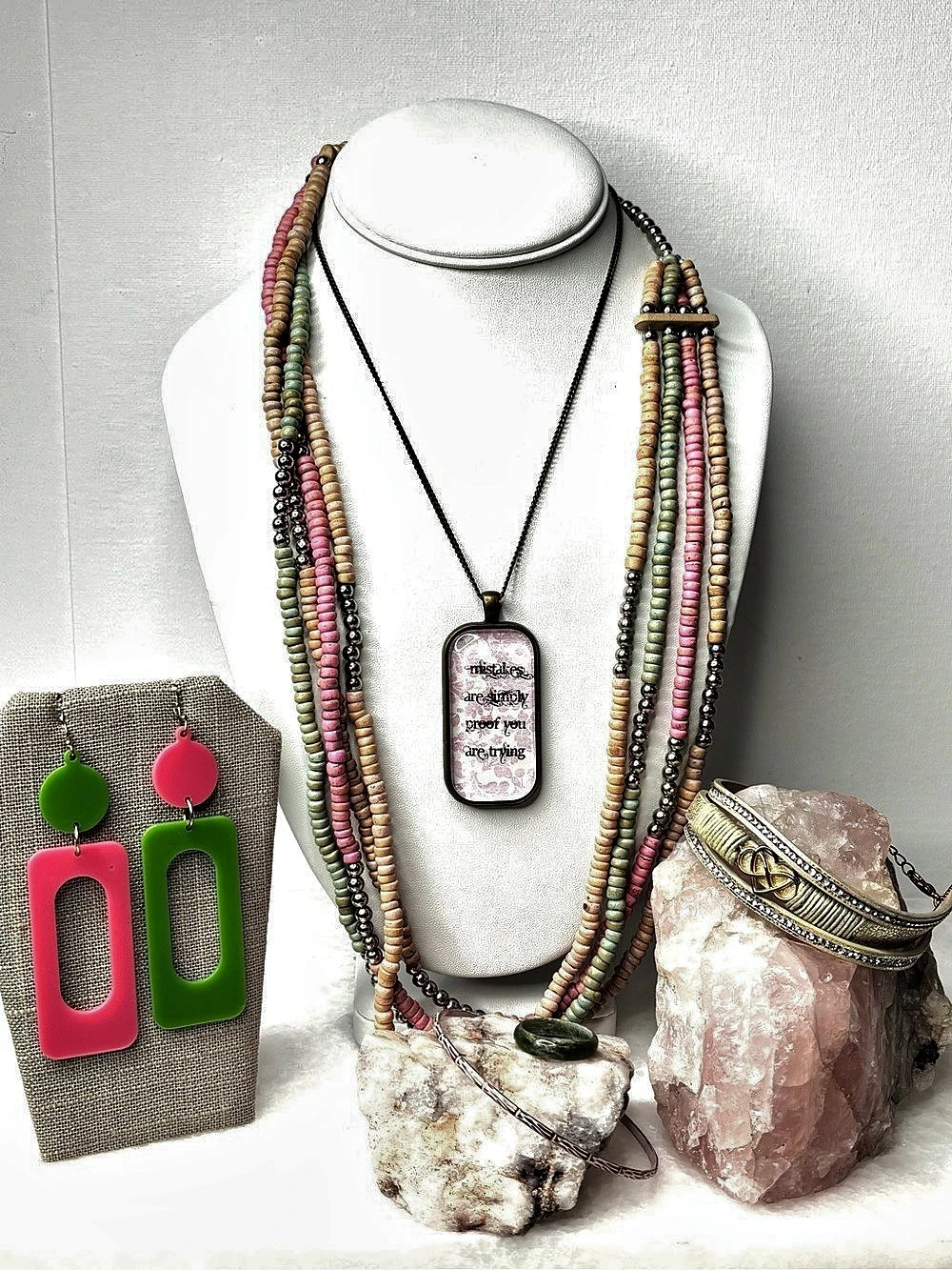 Pink and Green Beaded Festival Jewelry Set